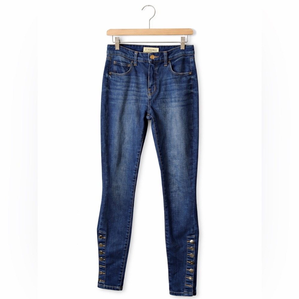 L’Agence Skinny Jeans Button Hem Designer Denim Stretch Blue Jeans Size 24